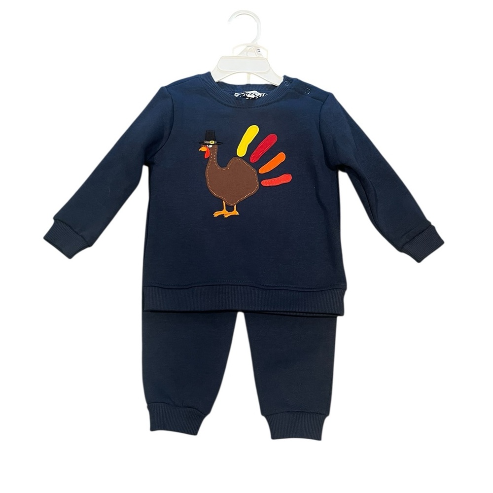 NWT Adventurewear 360 Blue Turkey Appliqué Sweatshirt Pants Set 18M Thanksgiving